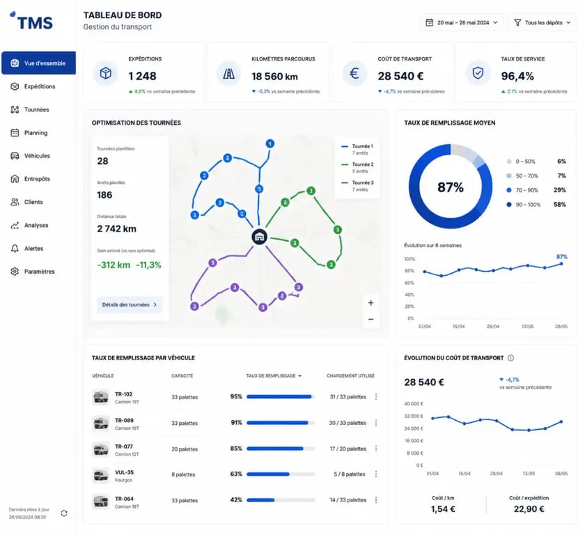 Interface de logiciel TMS pour l'optimisation des flux de transport