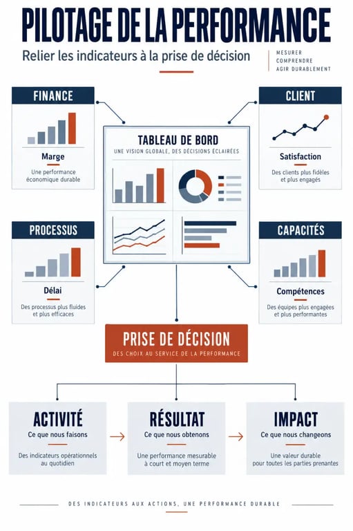 Infographie sur le pilotage de la performance et les quatre familles d’indicateurs