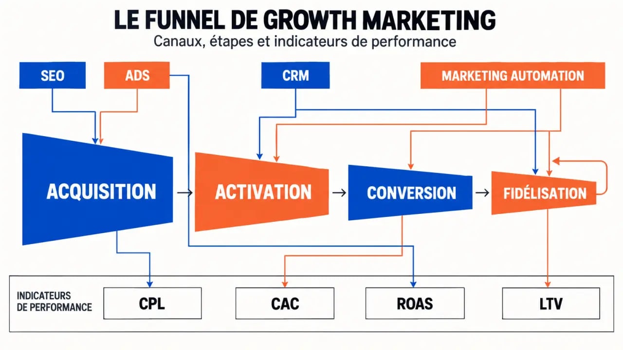 Funnel d’une agence de growth marketing reliant acquisition, conversion et fidélisation
