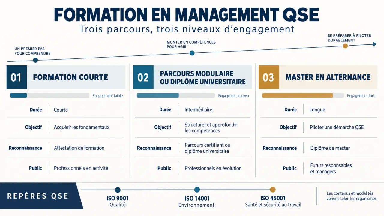 Infographie comparative des parcours de formation management QSE, de la formation courte au master en alternance