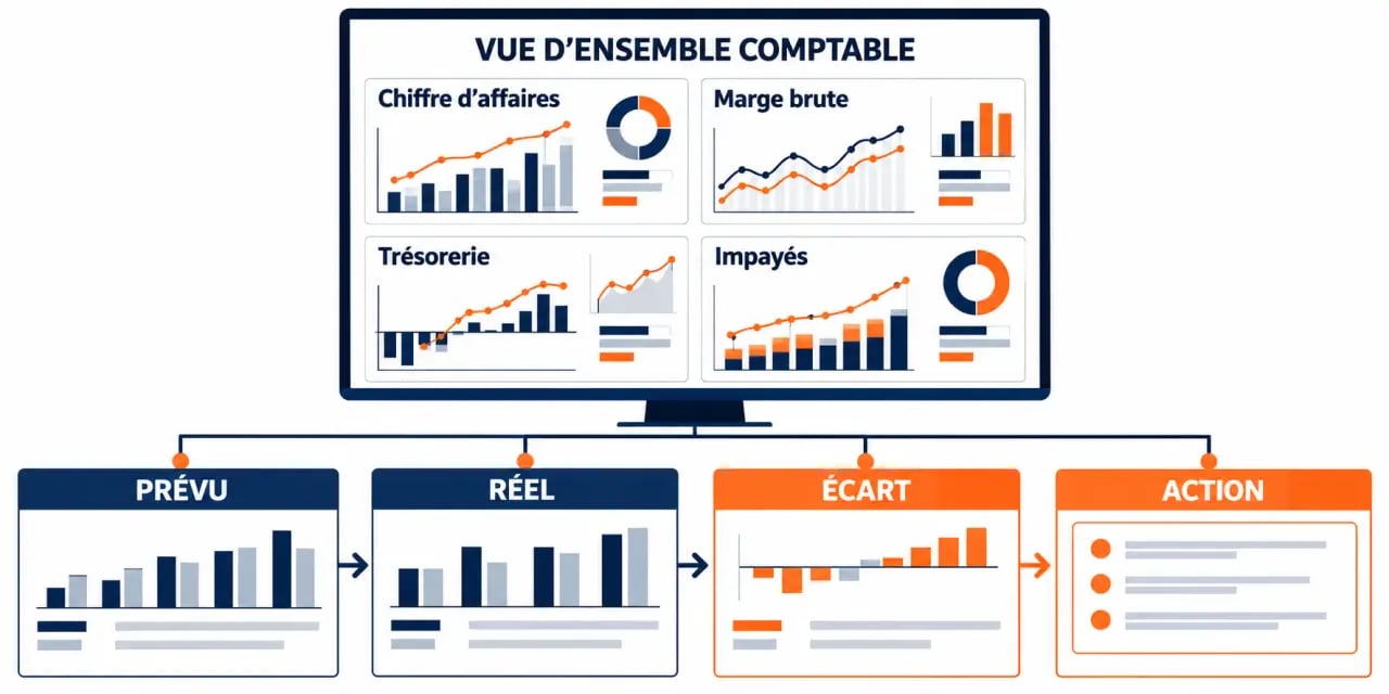 Comptabilité tableau de bord avec comparaison prévu réel écart et actions correctrices