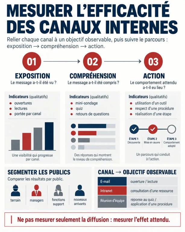 Infographie pour comprendre comment analyser l’efficacité des canaux de communication interne selon l’exposition, la compréhension et l’action
