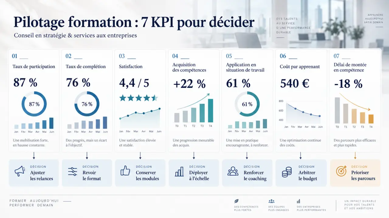 Un tableau de bord formation devient utile avec 7 KPI reliés à des décisions