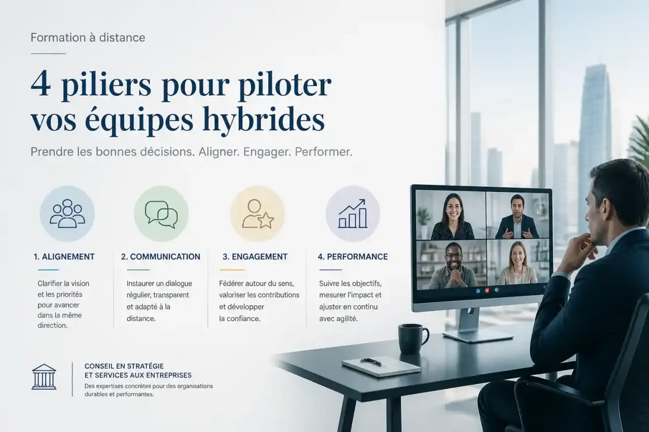 Formation management à distance : 4 piliers pour piloter vos équipes hybrides