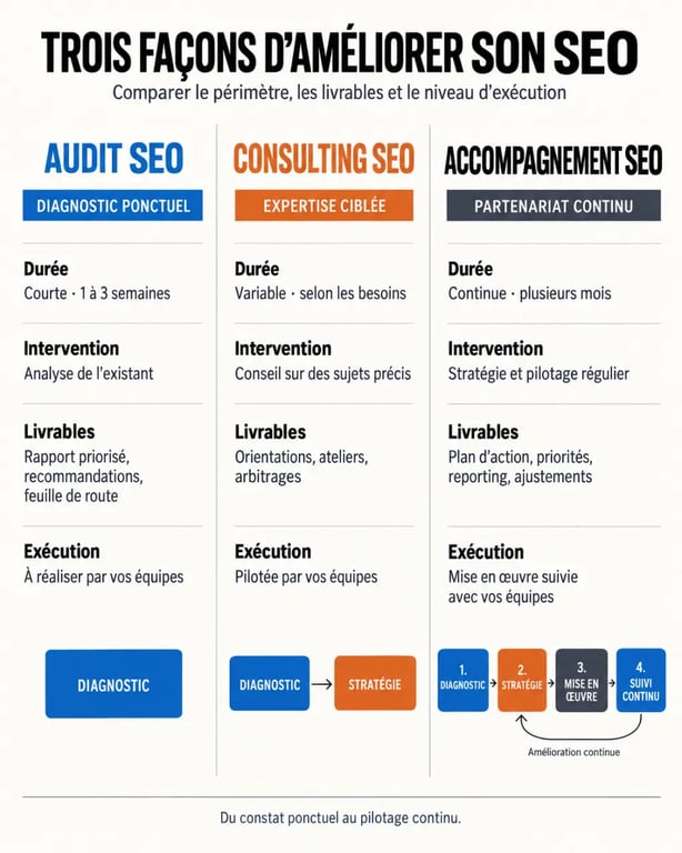 Accompagnement SEO : comparaison entre audit SEO, consulting SEO et accompagnement continu