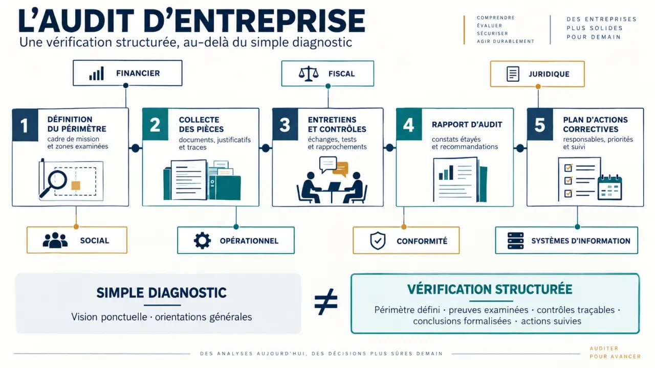Infographie sur les étapes et les domaines d’un audit d’entreprise